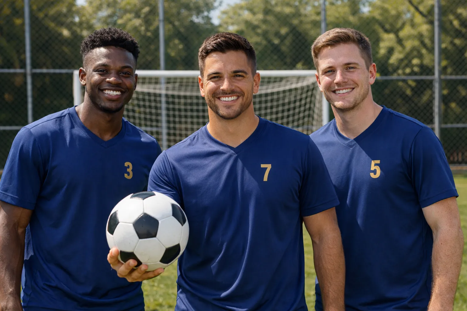 Três jogadores de um time da Seven sorrindo, um deles segurando a bola